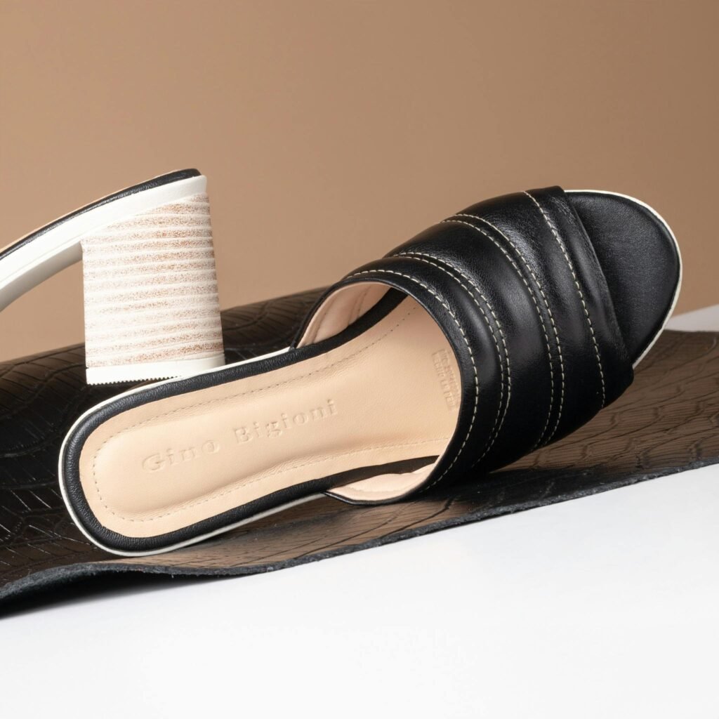 Stylish black leather heeled sandals showcasing modern elegance on a minimalistic background.